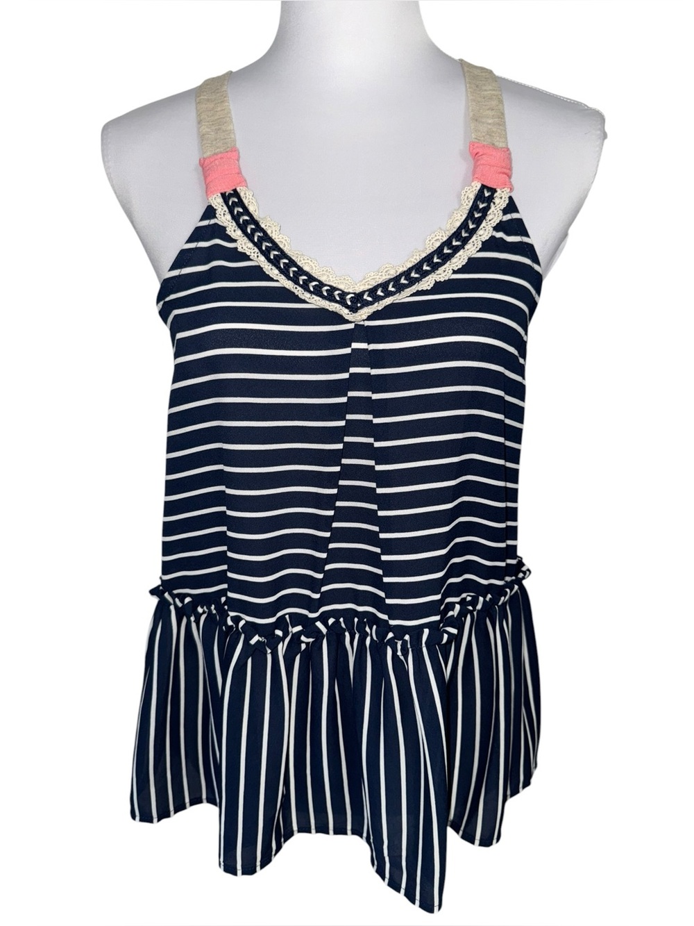 Jolt XS Navy White Striped‎ Ruffle Hem Tank Top Lace Trim Sleeveless Boho y2K